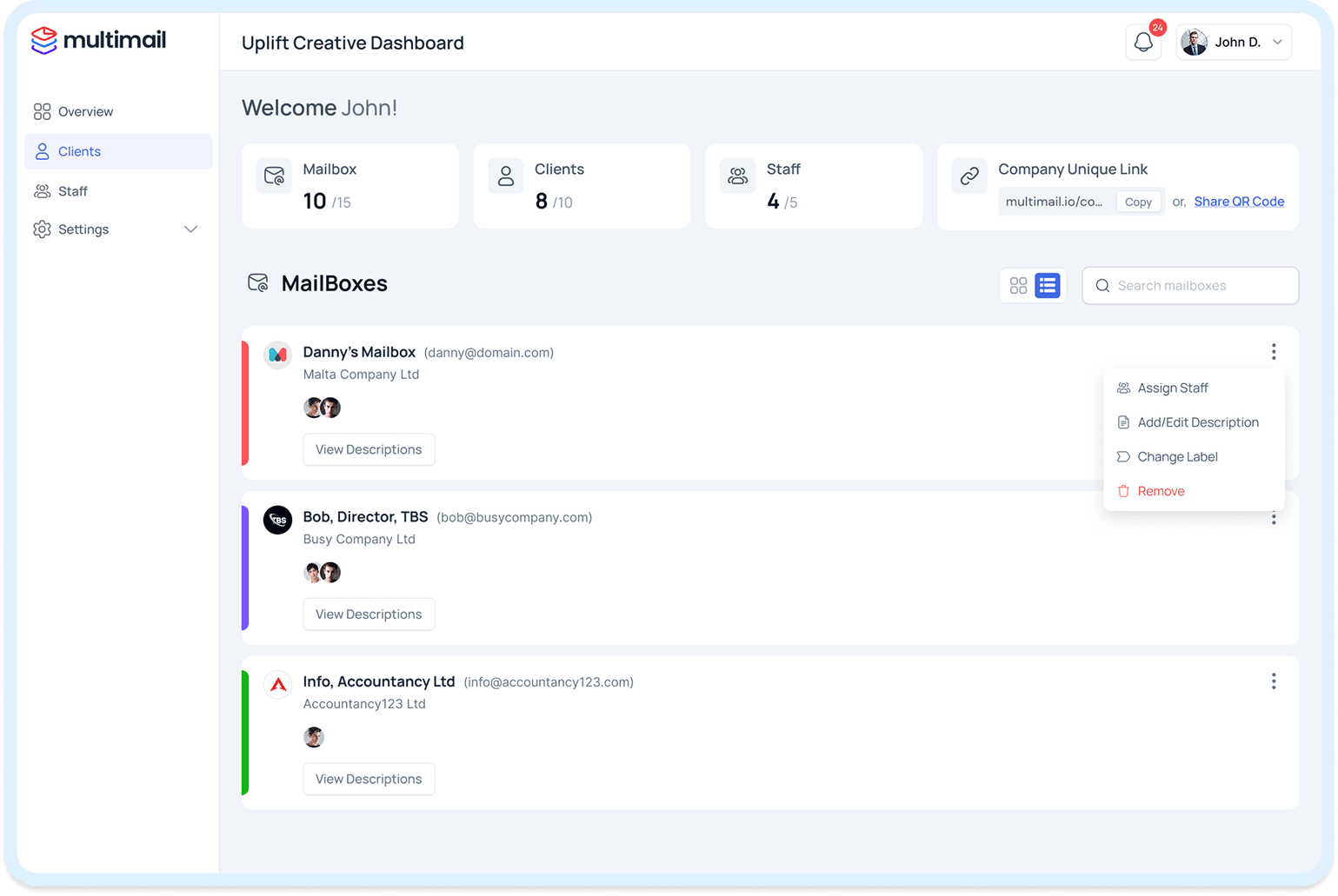 Dashboard UI - Main interface showing email management and collaboration features